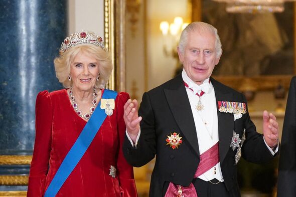 king charles and queen camilla at state banquet